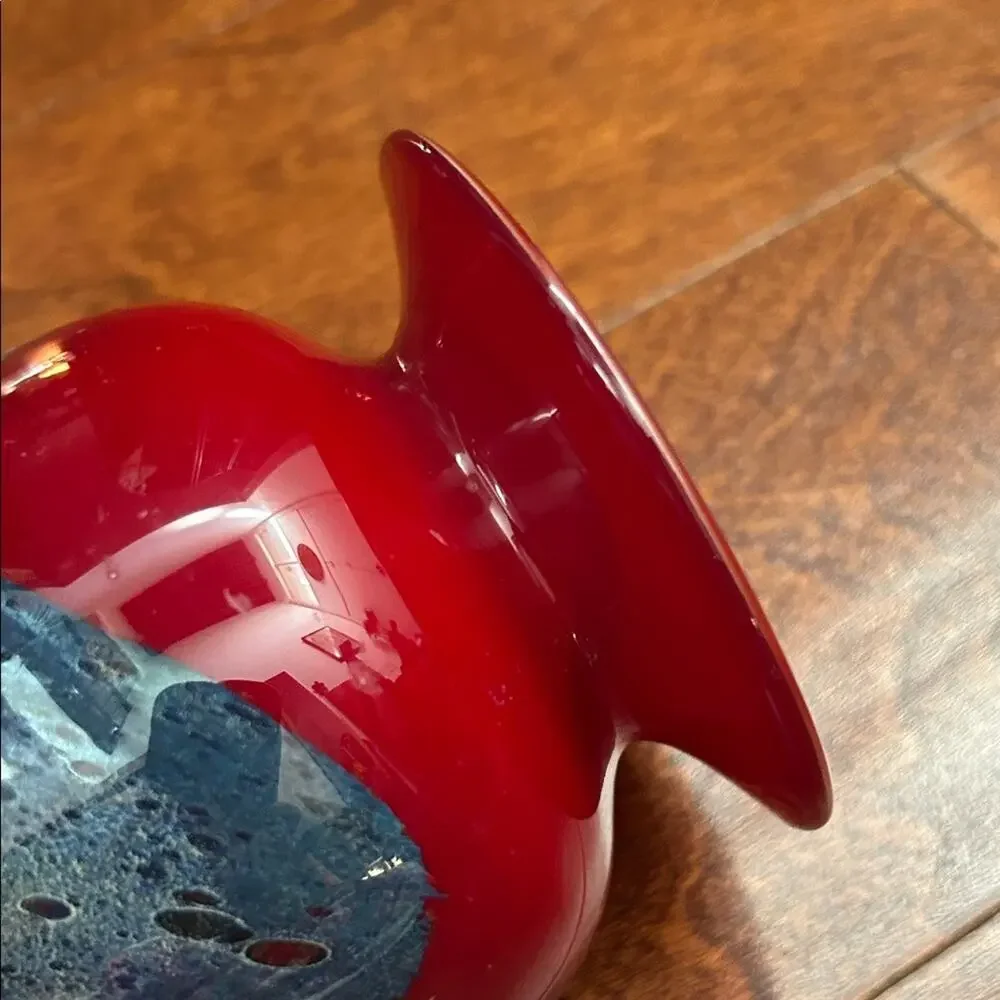 Michael Nourot Vintage Red Art Glass Vase with Colored Swirl, Signed by Artist